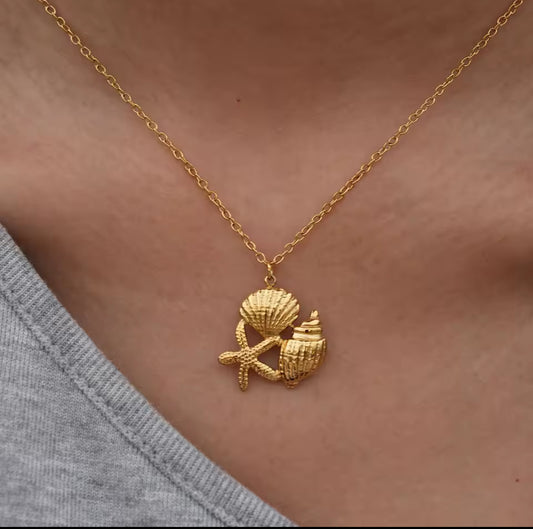 Ocean Series Golden Choker Stainless Steel Pendant Necklace for Women Shell Starfish Pendants Women's Chunky Jewelry Accessories