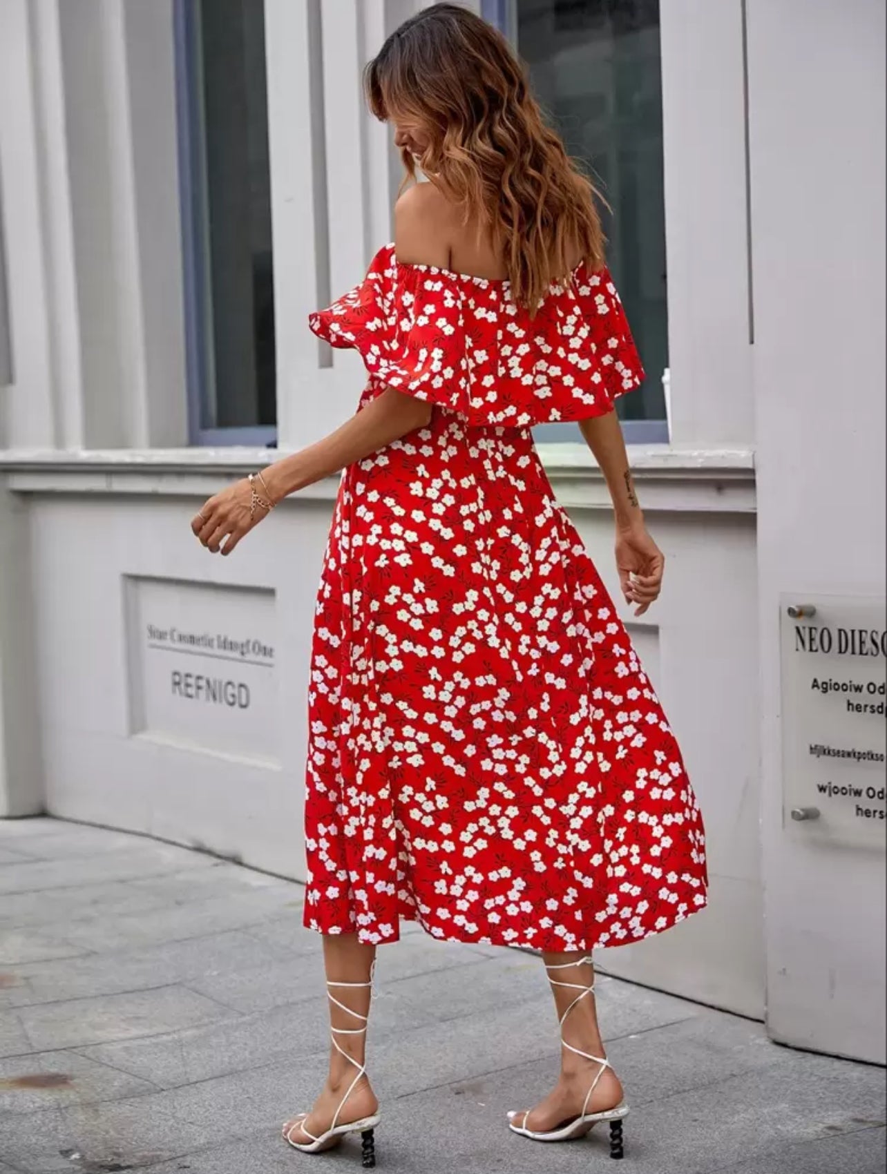 SHEIN Floral Print Ruffle Trim Bardot Summer Dress - M