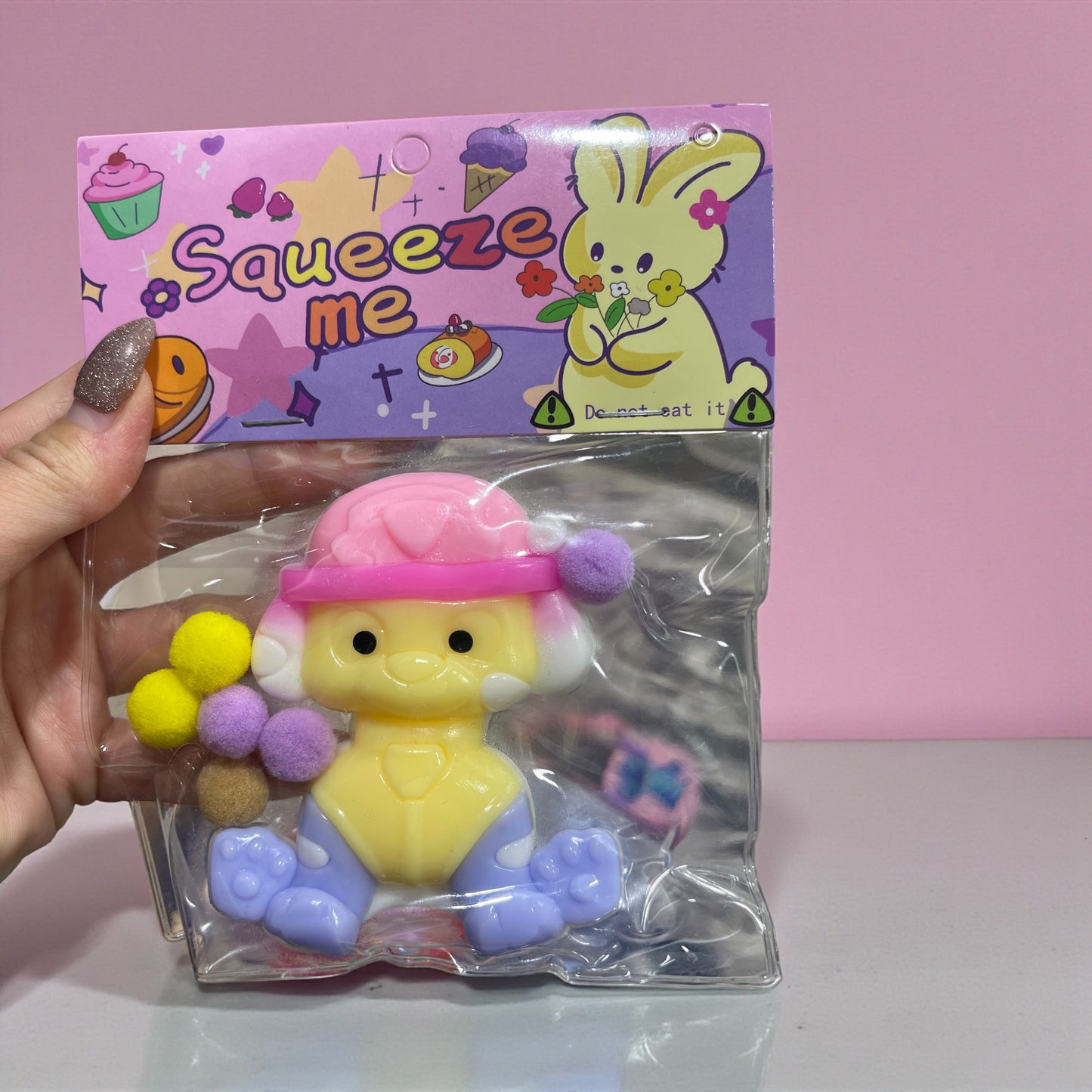 Cute Squeeze Toy – Soft Pastel Stress Relief Squishy with Pom-Pom Balls