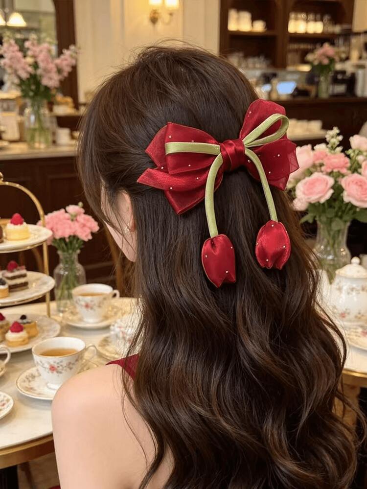Red Velvet Tulip Christmas Bow Hair Clip with Green Ribbon