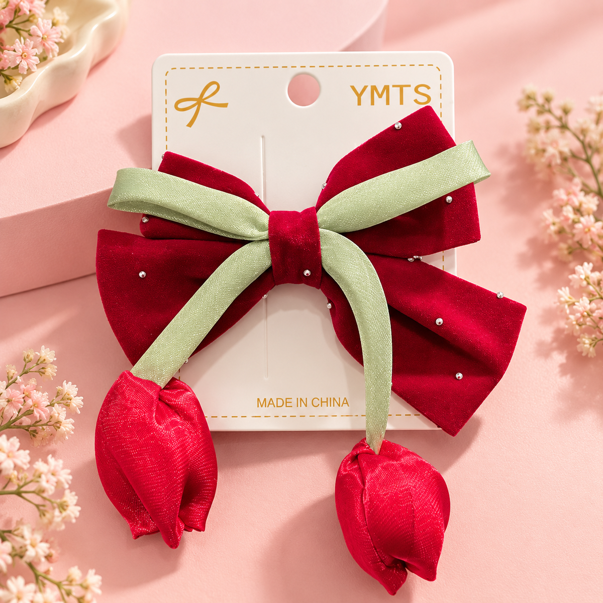 Red Velvet Tulip Christmas Bow Hair Clip with Green Ribbon