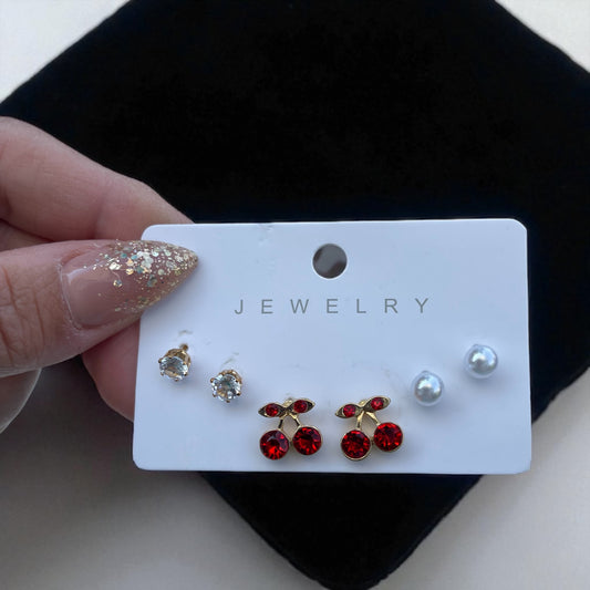 3Pcs Mini Cherry Pearl Rhinestone Earrings