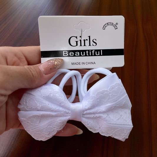 3pcs/set White Color Cute Back to School Lace Bow Hair Ties for Girls Fashionable Stretch Versatile Kids Ponytail Holders with Floral Lace Trim