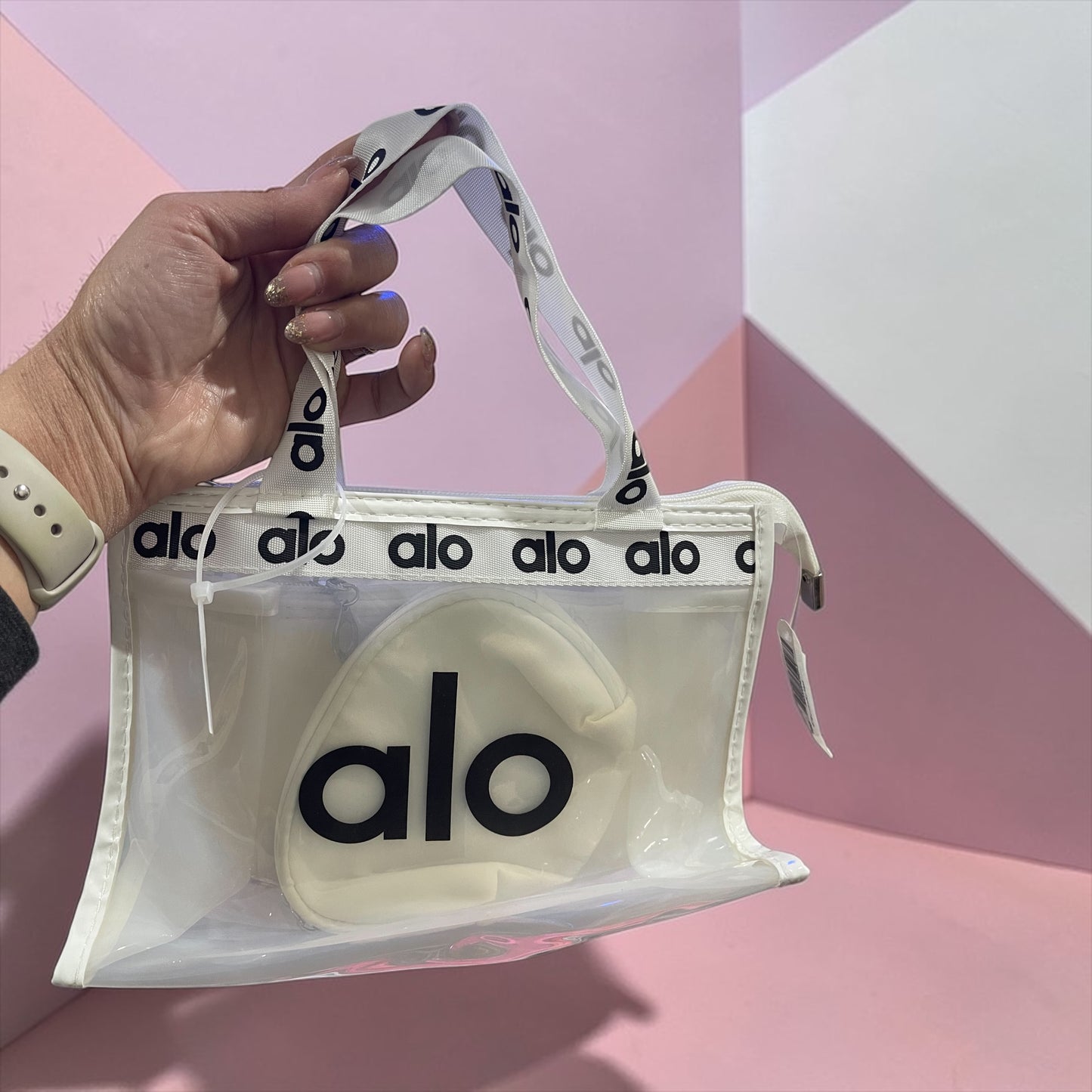 Alo Pink Transparent Tote Bag Set – Clear Handbag with 2 Mini Cosmetic Pouches