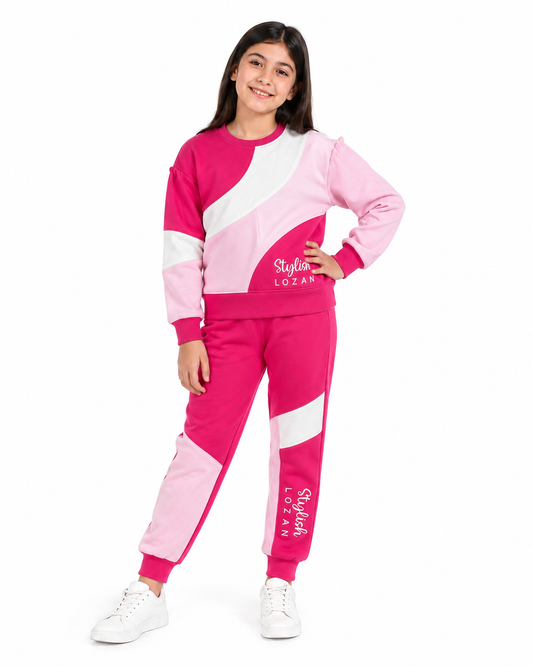Girls’ Fuchsia Pink & Light Pink Color Block Tracksuit Set - 12 Years