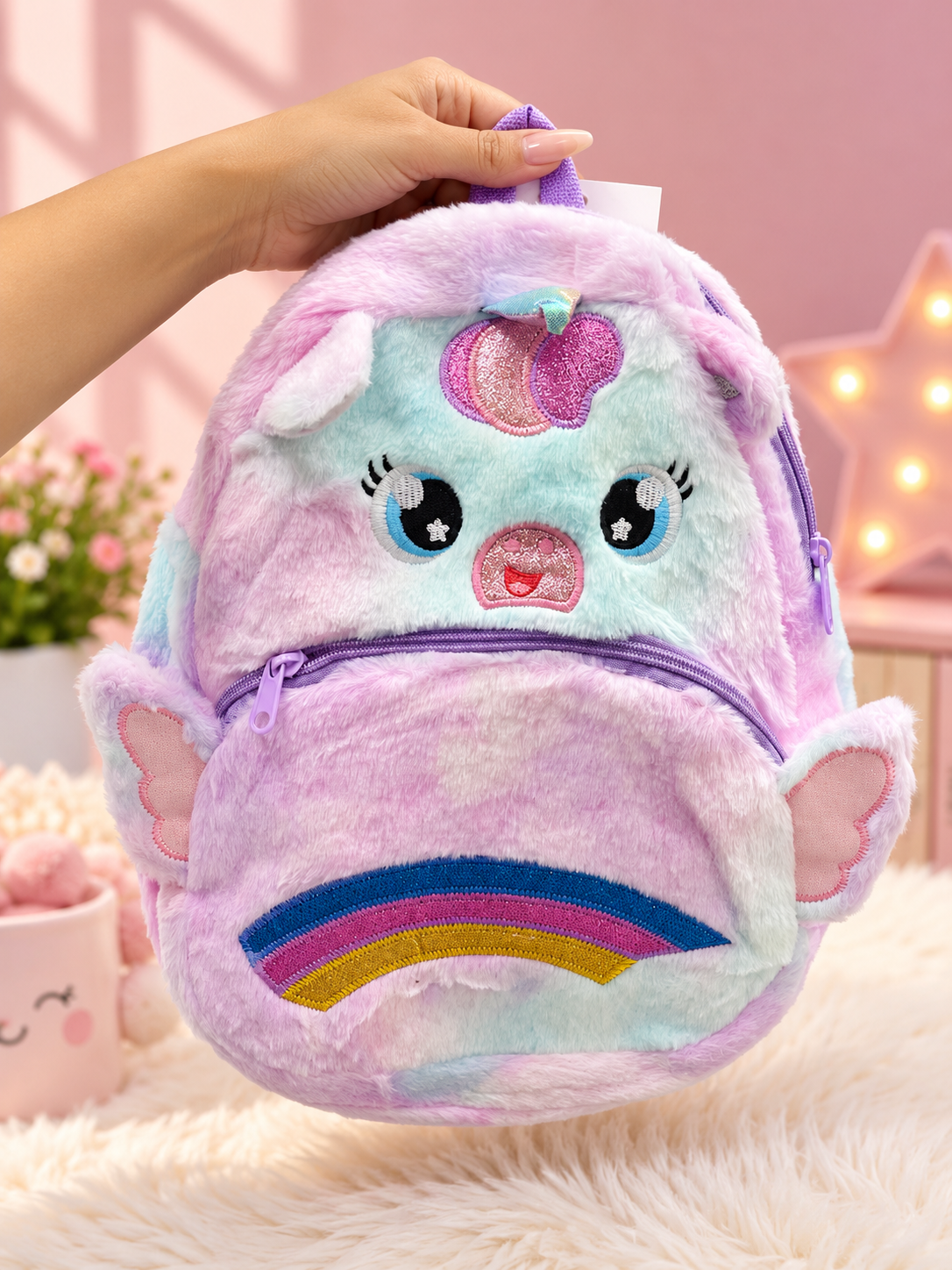 Pastel Unicorn Plush Backpack for Girls – Soft Furry Rainbow School Bag