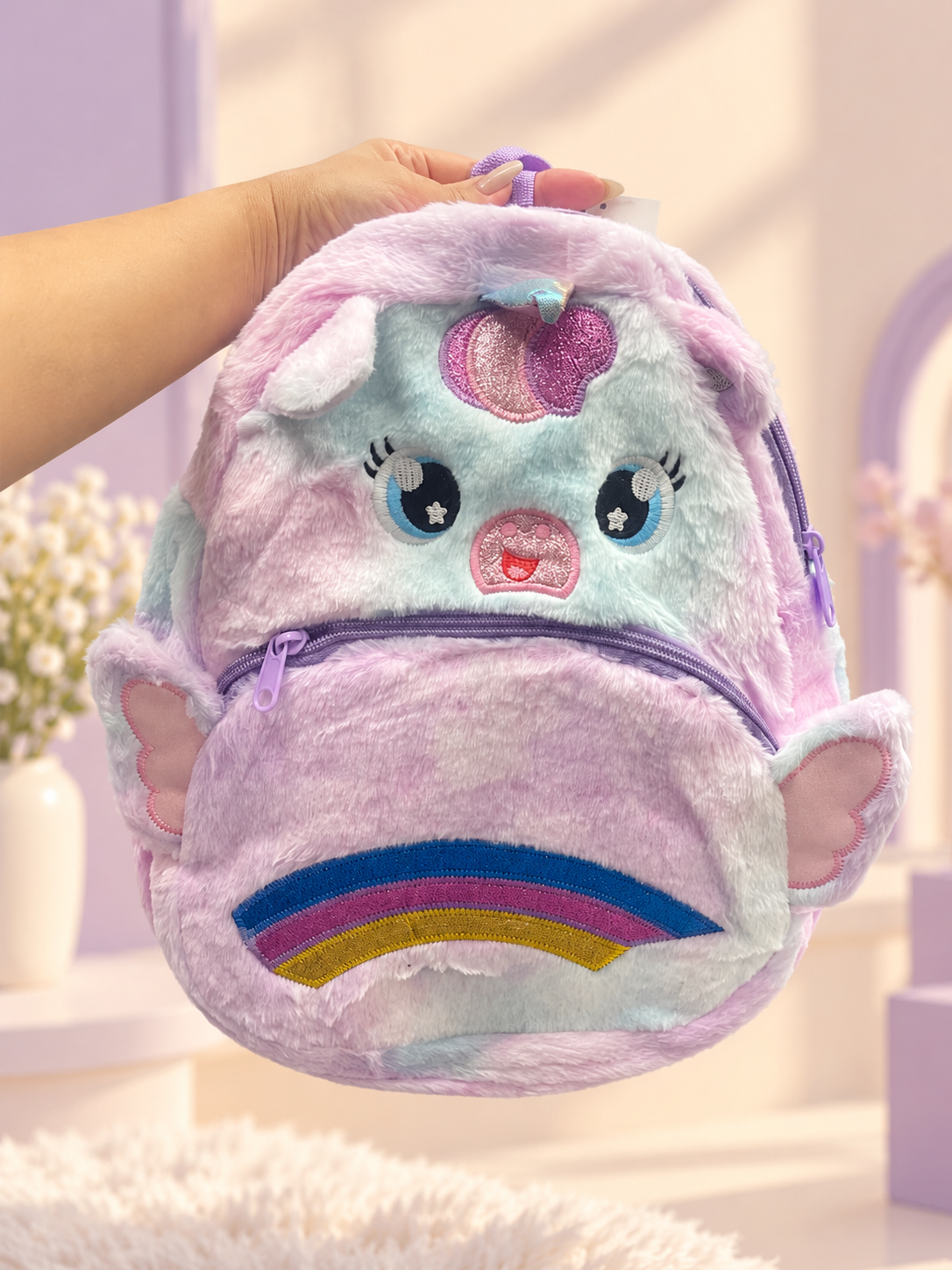 Pastel Unicorn Plush Backpack for Girls – Soft Furry Rainbow School Bag