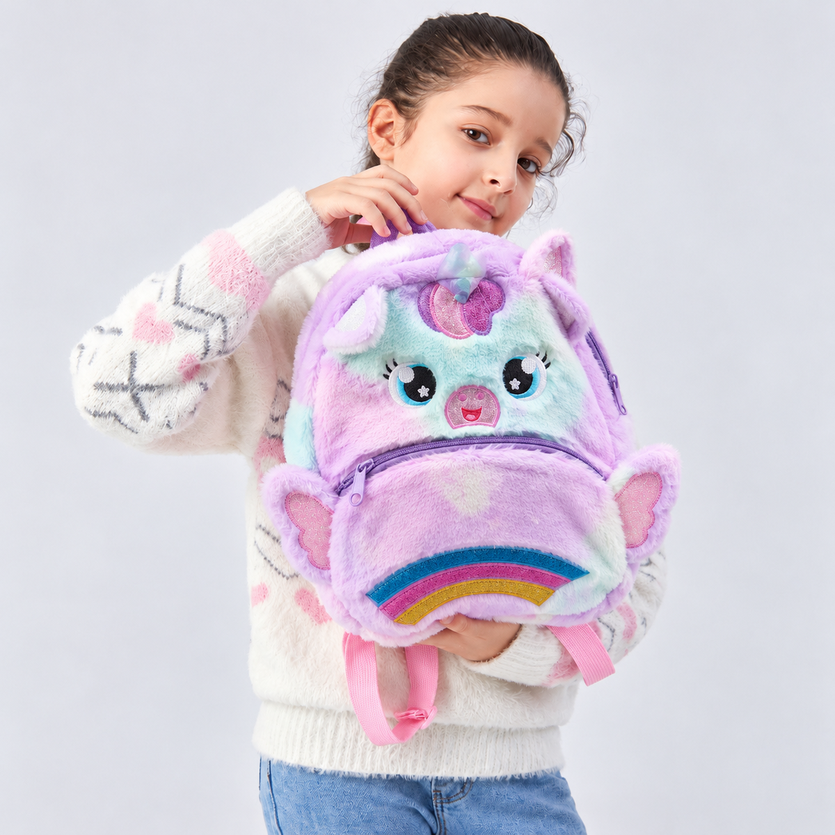 Pastel Unicorn Plush Backpack for Girls – Soft Furry Rainbow School Bag