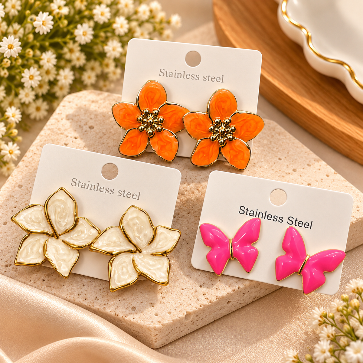 Stainless Steel Floral & Butterfly Stud Earrings – 3 Styles