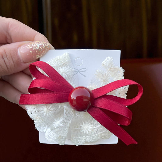 1Pc Elegant Lace Bow Hairpins Red Ribbon & White Floral Design Casual Hair Accessory Elegant Hairpin Detailed Craftsmanship