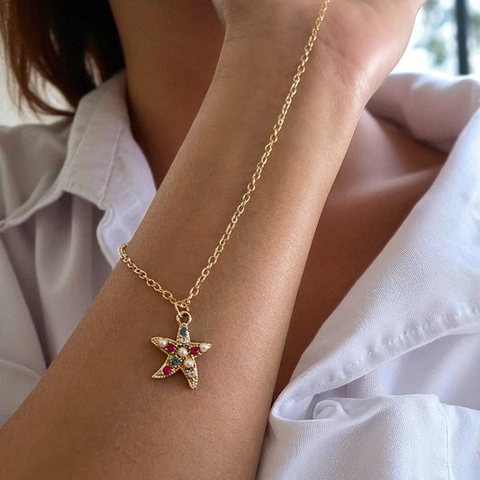 Starfish Necklace Colorful Zircon Gold-Plate Copper Micro-Paved AAA Charming Jewelry Stainless
Steel Chain High Quality