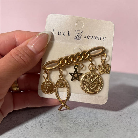 Gold Charm Brooch Pin – Vintage Coin, Star & Crown Design (Statement Piece)
