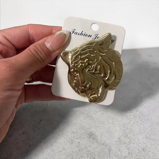Bold Tiger Head Brooch – Gold Tone Statement Animal Pin
