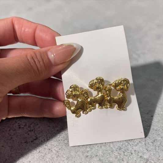 Cute Triple Dog Brooch – Gold Tone Puppy Statement Pin