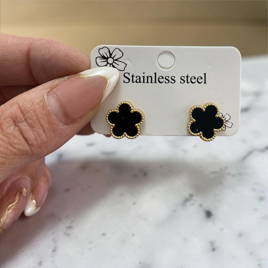 Black Clover Stud Earrings – Gold Trim Stainless Steel