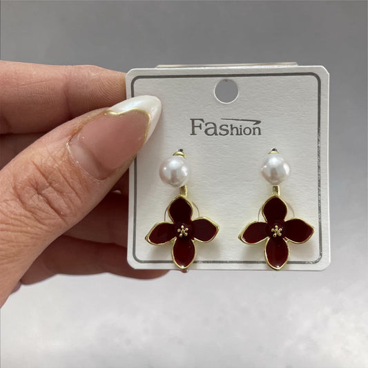 Floral Front & Back Drop Earrings – Pearl & trending Red Enamel (Alloy)