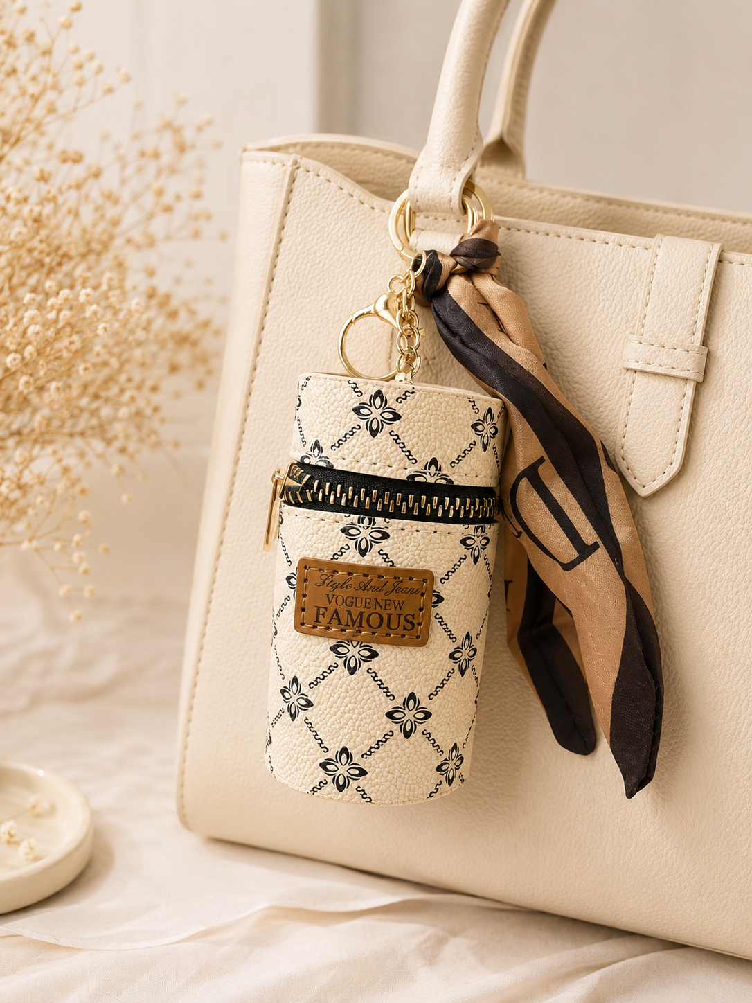 Elegant Mini Cylinder Keychain Pouch with Scarf Detail – Portable Zipper Case