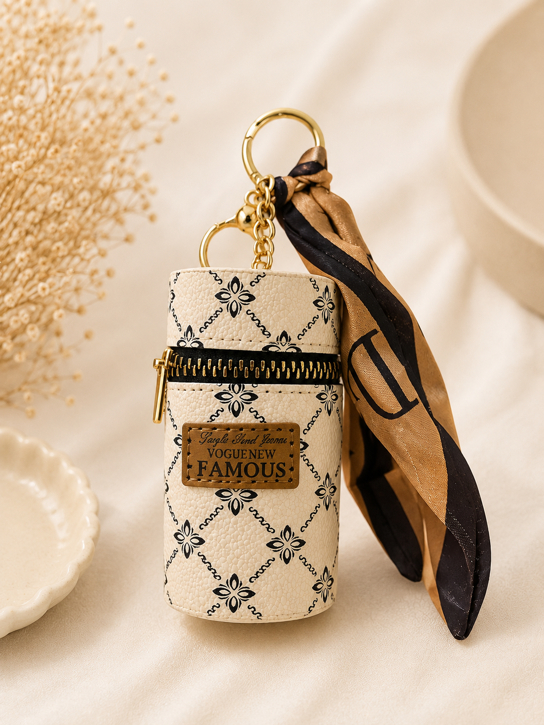 Elegant Mini Cylinder Keychain Pouch with Scarf Detail – Portable Zipper Case