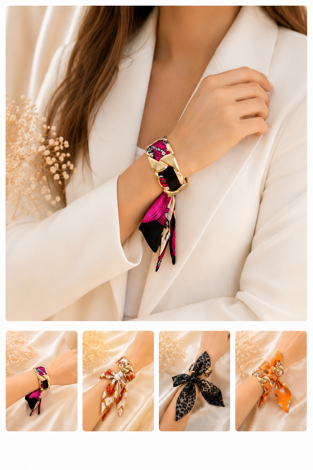Luxe Silk Scarf Bracelet – Chic Gold Cuff Collection