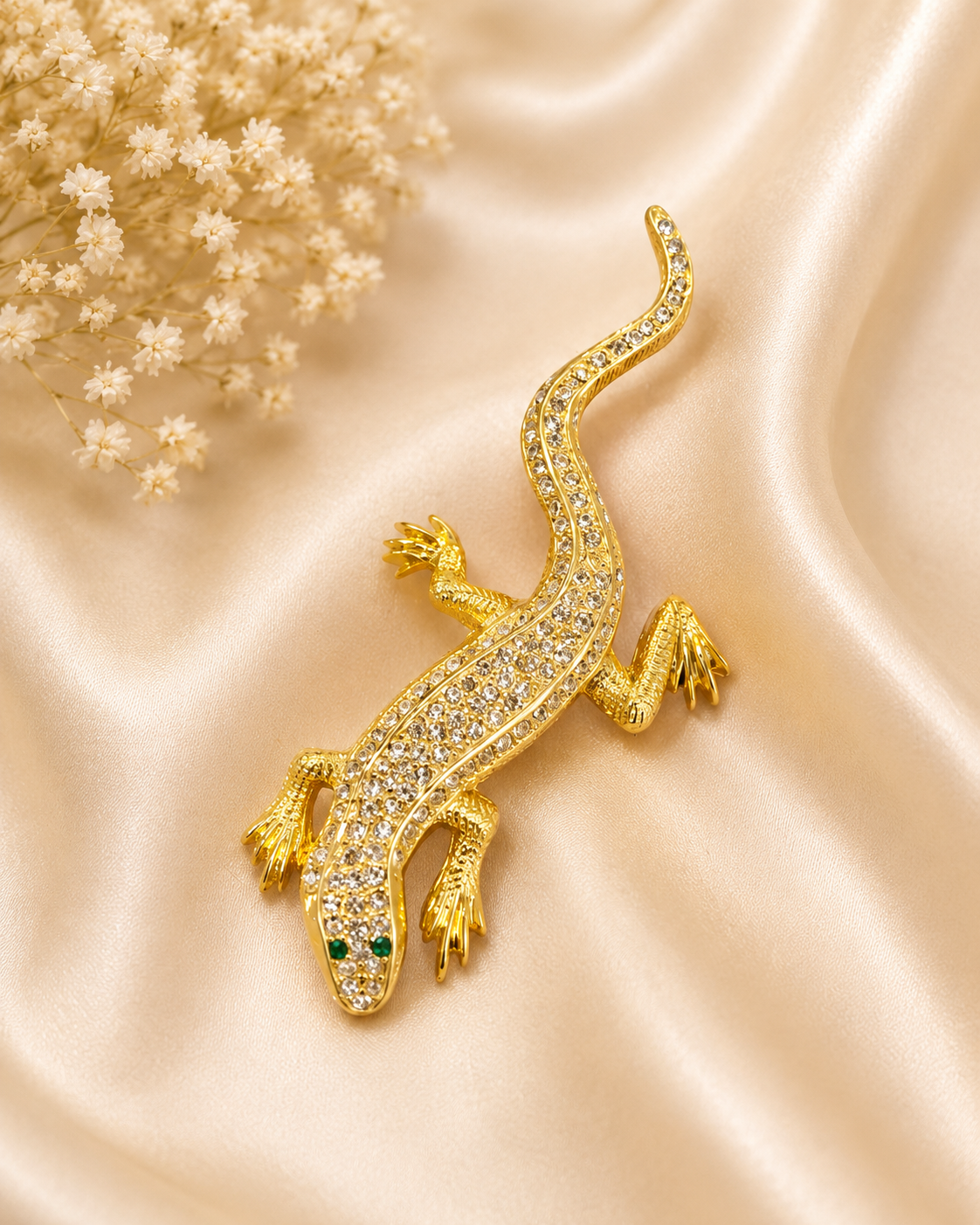 Crystal Lizard Brooch – Gold Tone Statement Pin