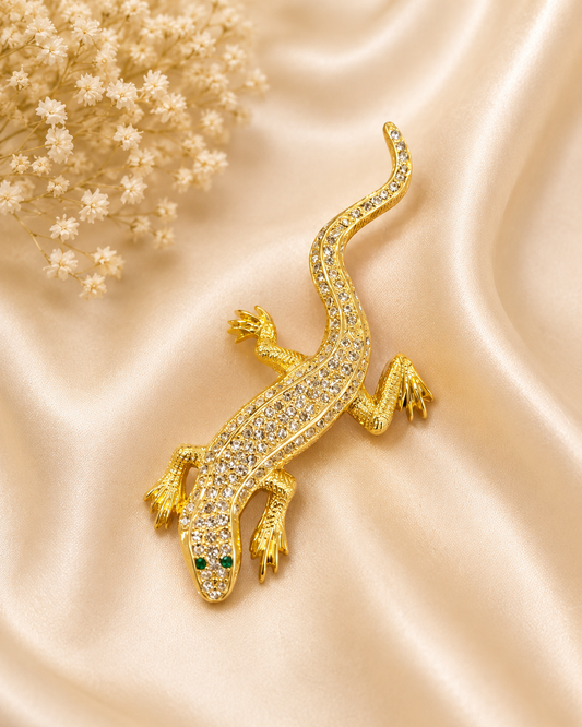 Crystal Lizard Brooch – Gold Tone Statement Pin