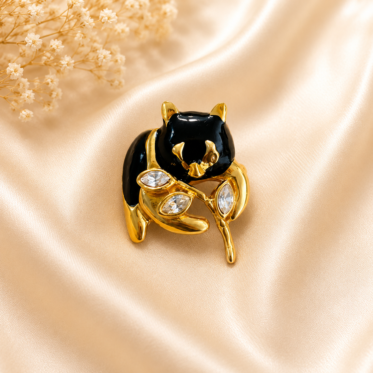 Black Cat & Crystal Leaf Brooch Pin