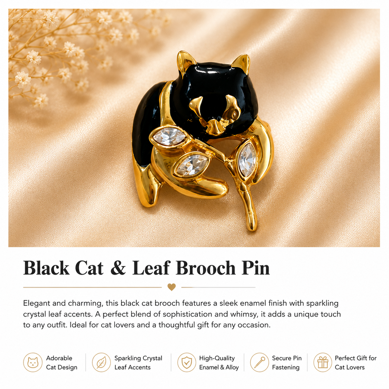 Black Cat & Crystal Leaf Brooch Pin
