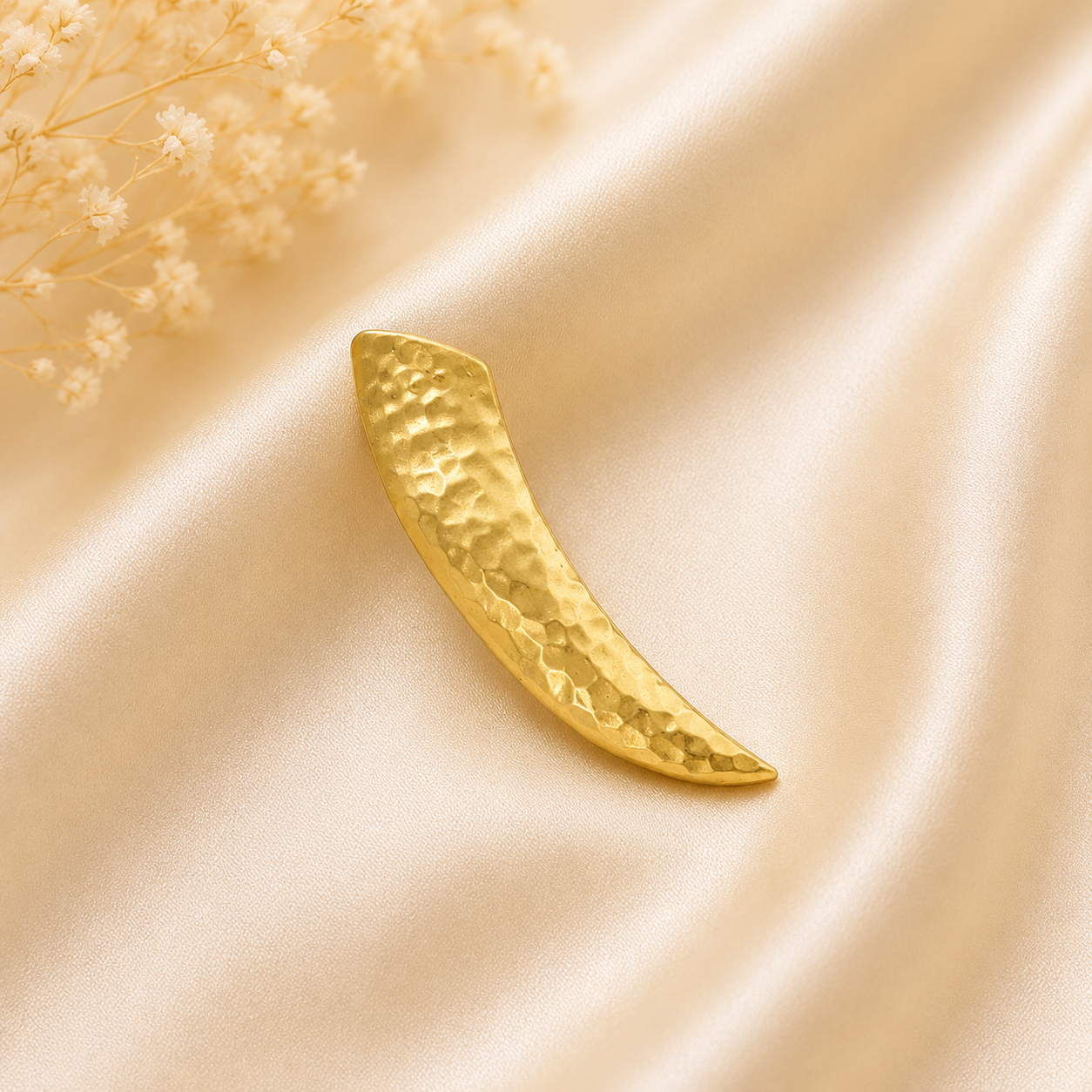 Golden Hammered Crescent Brooch – Minimalist Statement Pin