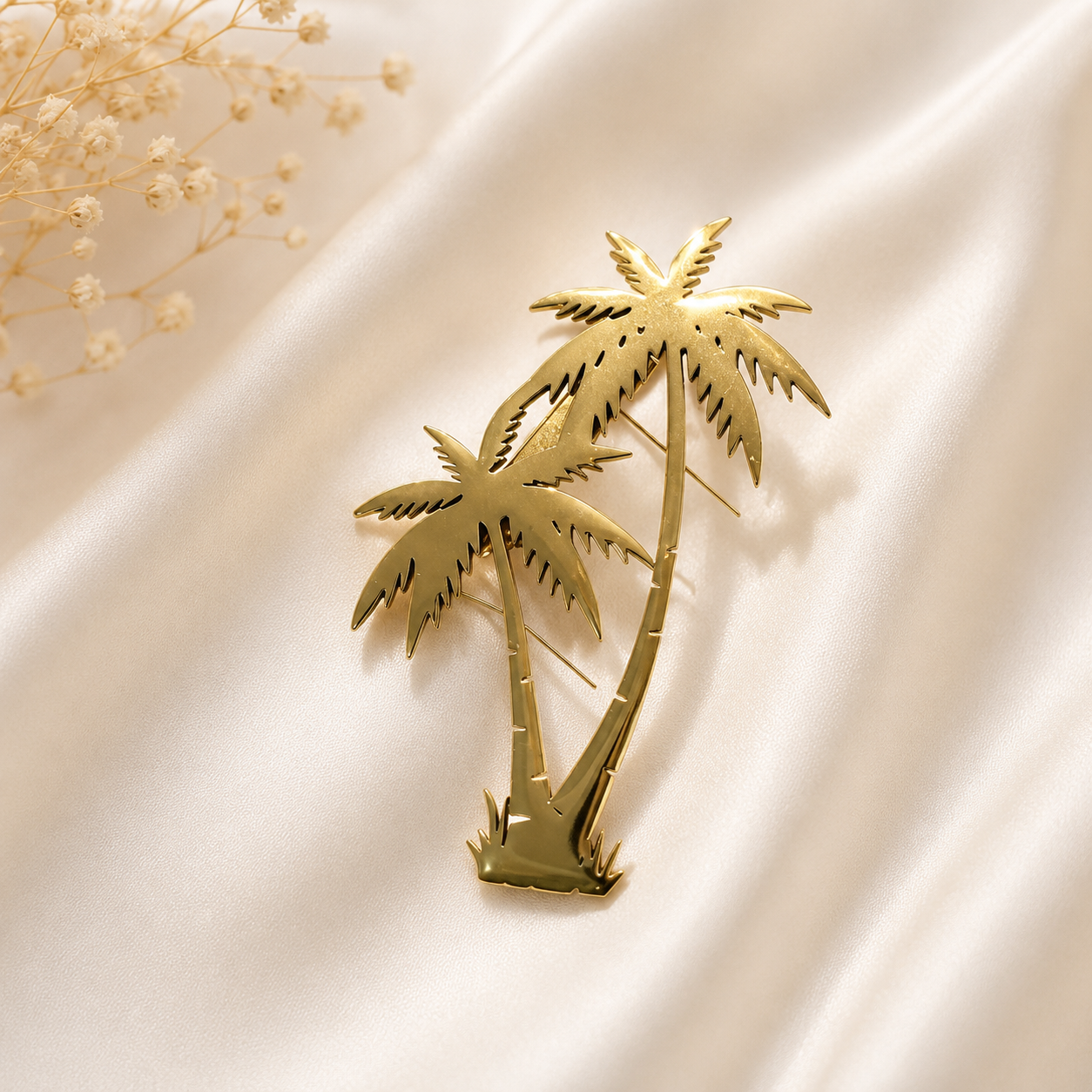 Stainless Steel Palm Tree Brooch – Tropical Gold Statement Pin