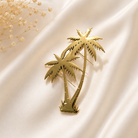 Stainless Steel Palm Tree Brooch – Tropical Gold Statement Pin