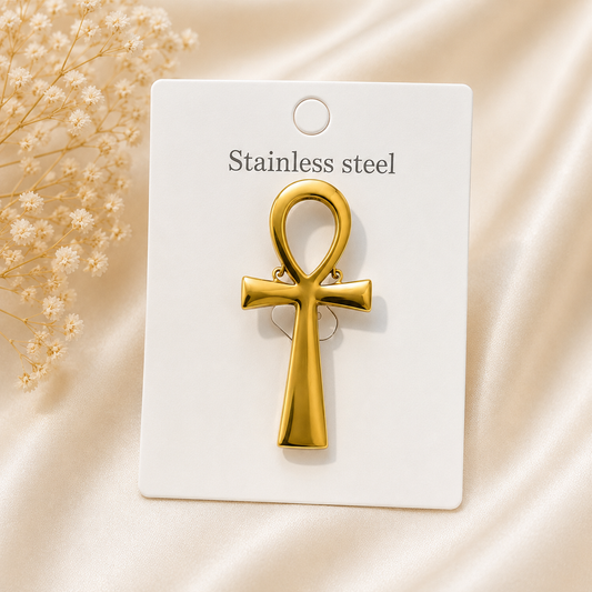 Stainless Steel Ankh Cross Brooch – Gold Egyptian Symbol Pin