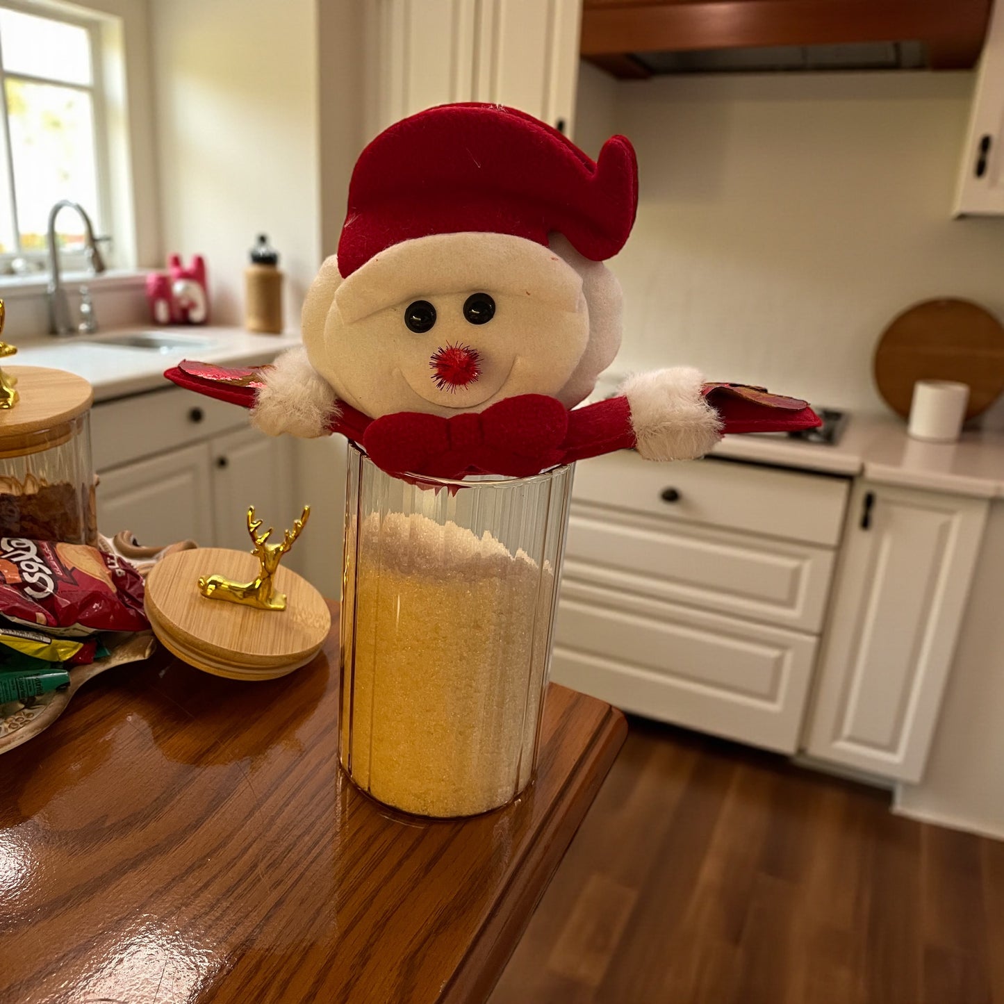 Soft Christmas Snowman Topper Decoration – Double-Face Plush for Jars, Coffee Machines & Centerpieces