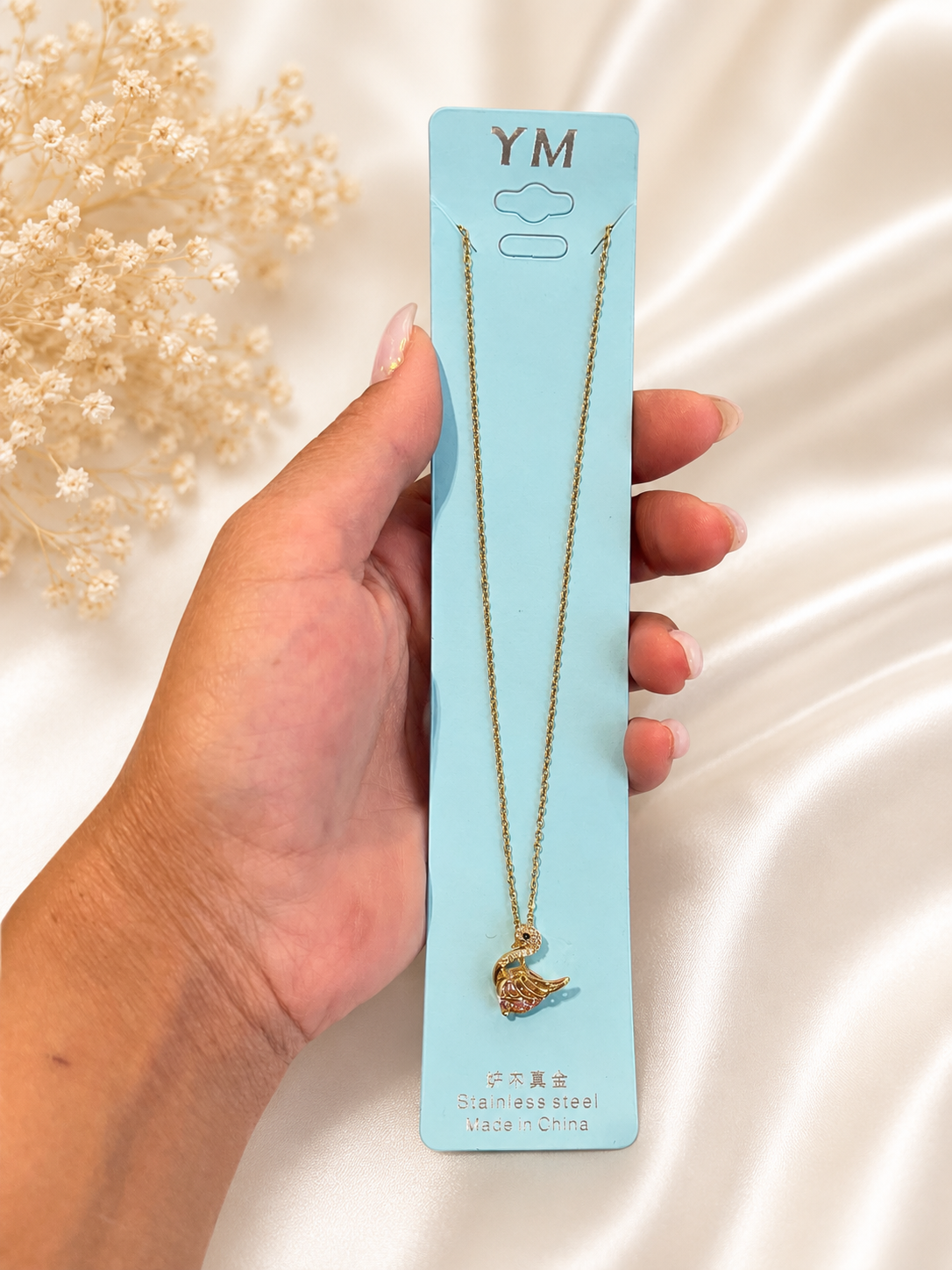 Rose Crystal Swan Stainless Steel Necklace – Gold Plated