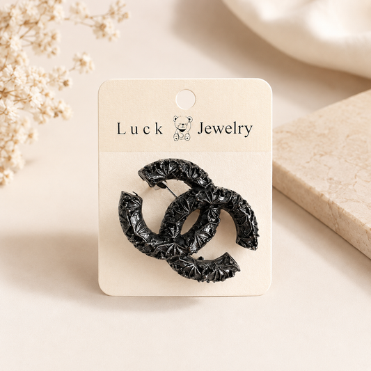 Black Crystal-Inspired Double C Brooch Pin – Elegant Vintage Style