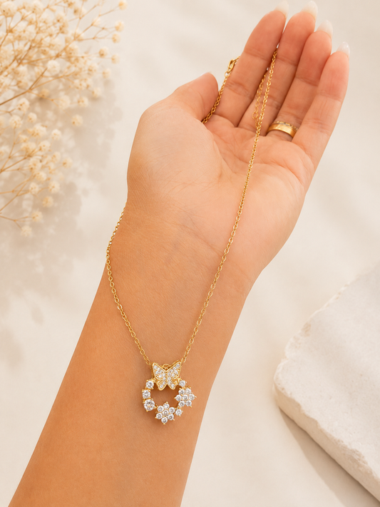 Butterfly Crystal Wreath Necklace – Gold Stainless Steel