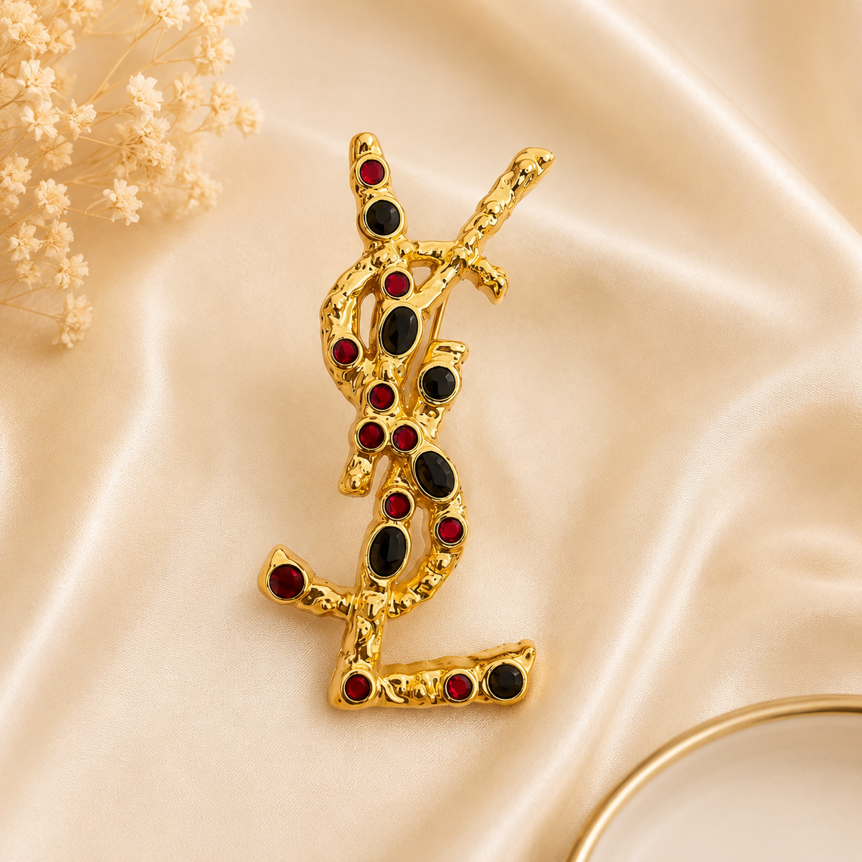 Luxury Inspired Gold Monogram Brooch – Red & Black Acrylic Stone Design