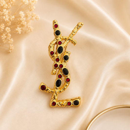 Luxury Inspired Gold Monogram Brooch – Red & Black Acrylic Stone Design