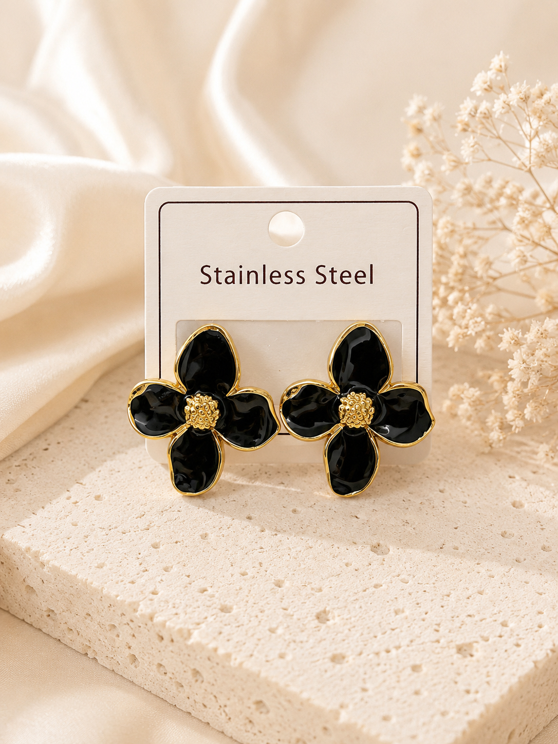 Midnight Bloom Flower Stud Earrings – Black & Gold