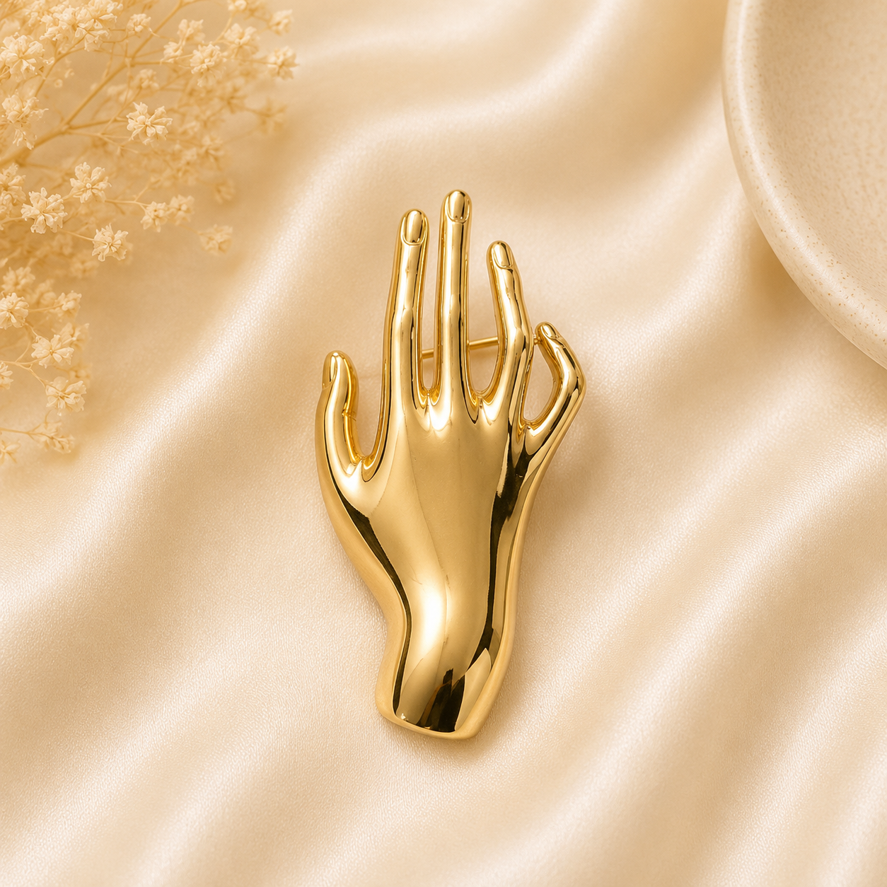 Golden Artistic Hand Brooch – Statement Gold Pin