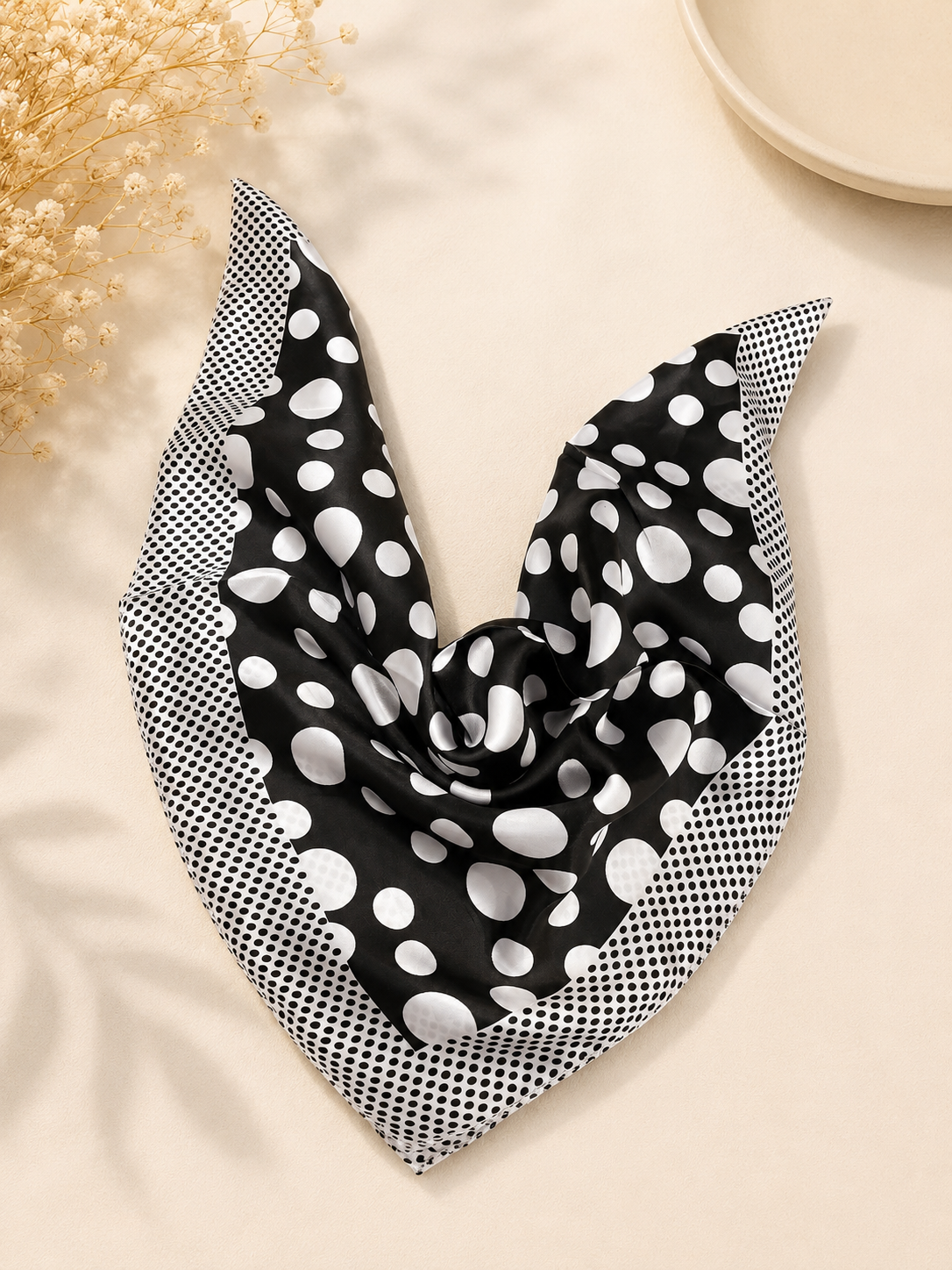 Classic Polka Dot Satin Square Scarf – Black & White