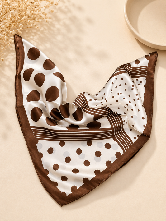 Classic Polka Dot Satin Square Scarf – Brown & Ivory