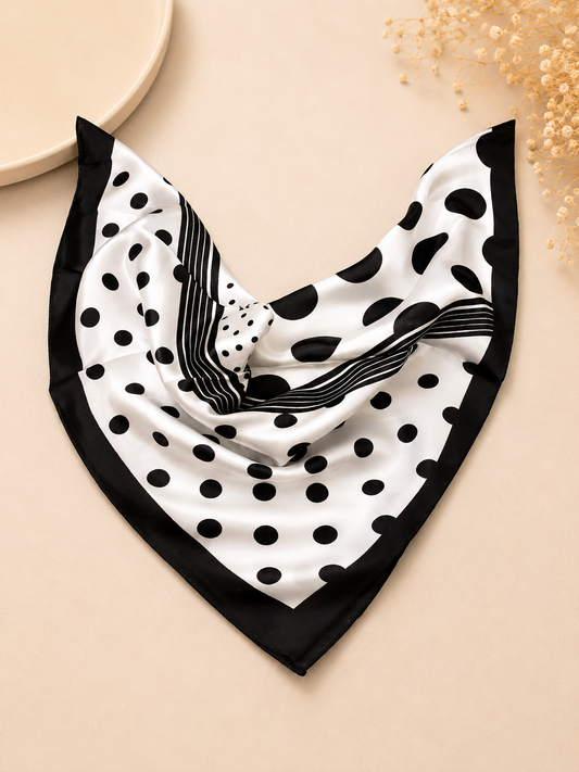 Classic Polka Dot Satin Square Scarf – Black & White
