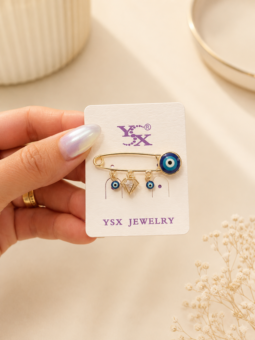 Evil Eye Charm Safety Pin Brooch – Gold Tone