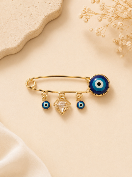 Evil Eye Charm Safety Pin Brooch – Gold Tone