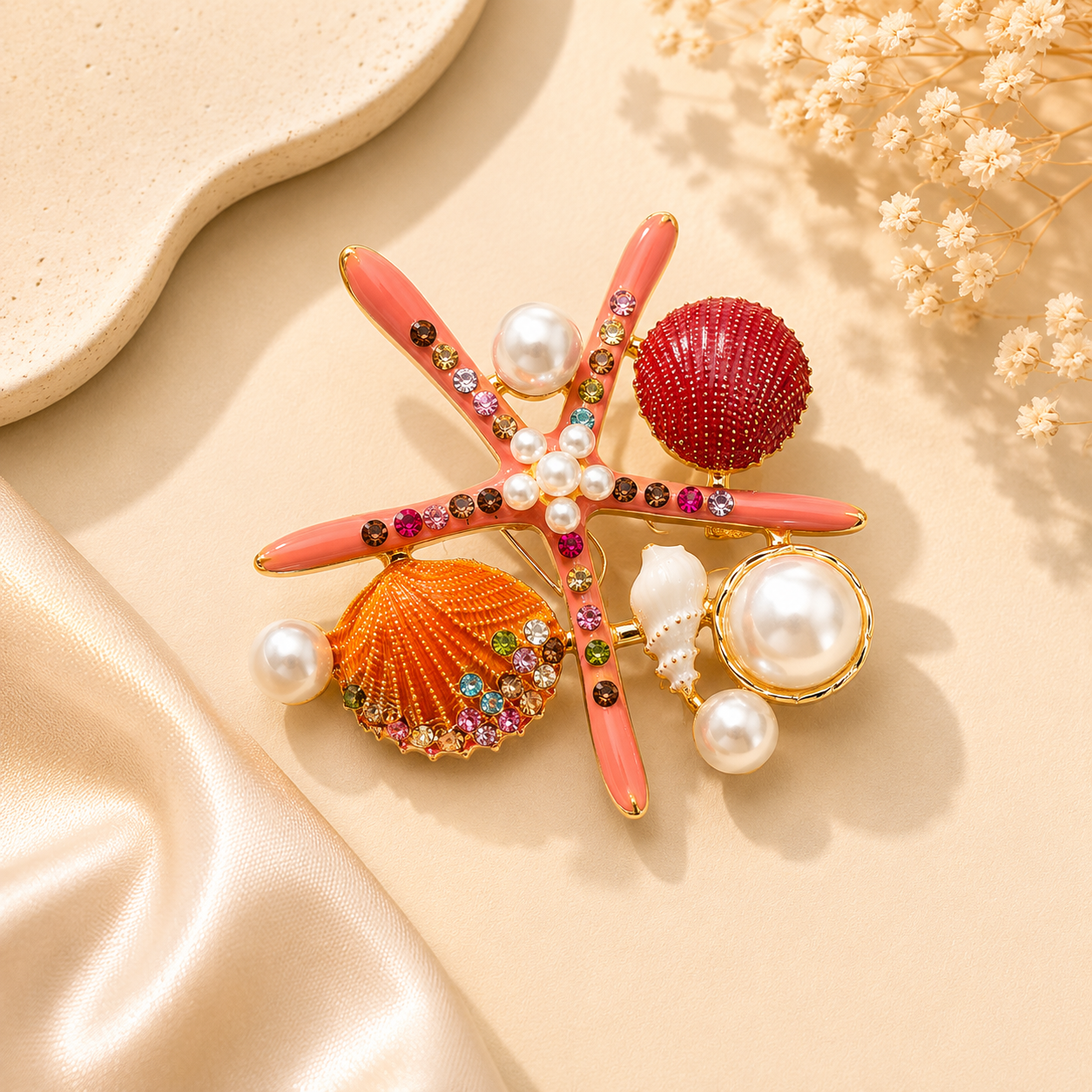 Ocean Treasure Starfish Brooch – Pearl & Crystal Beach Pin