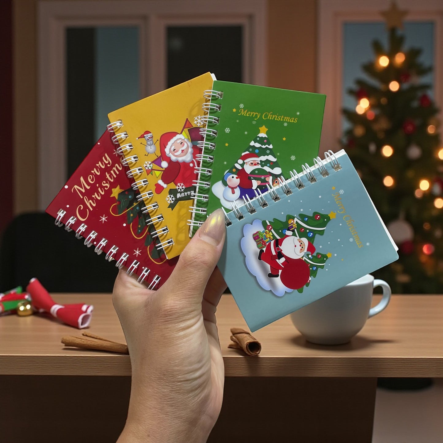 Christmas Mini Spiral Notebook – Festive Santa & Tree Designs (4 pcs)