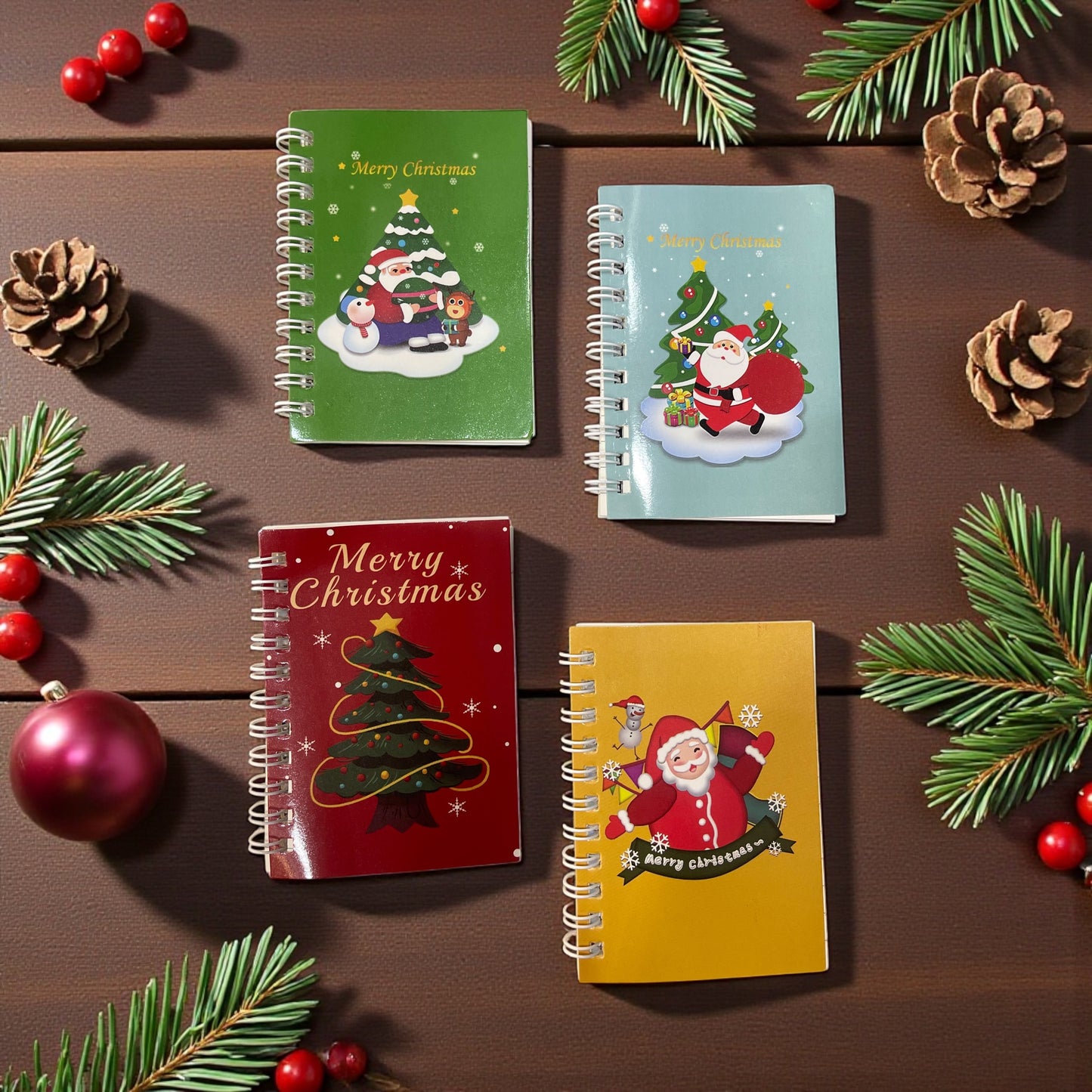 Christmas Mini Spiral Notebook – Festive Santa & Tree Designs (4 pcs)