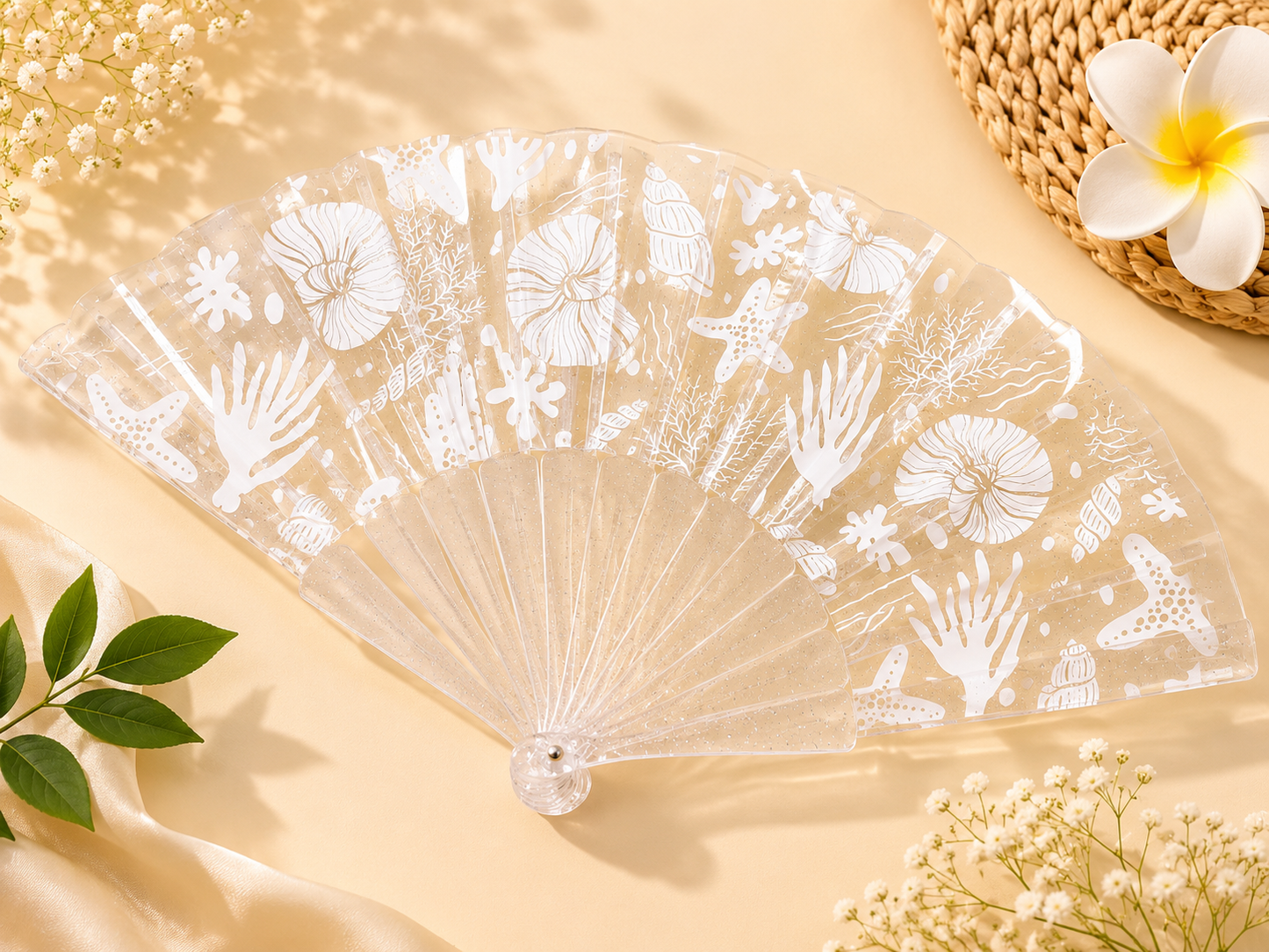 Folding plastic fan "Seashells and corals", blue, glitter, 23 cm