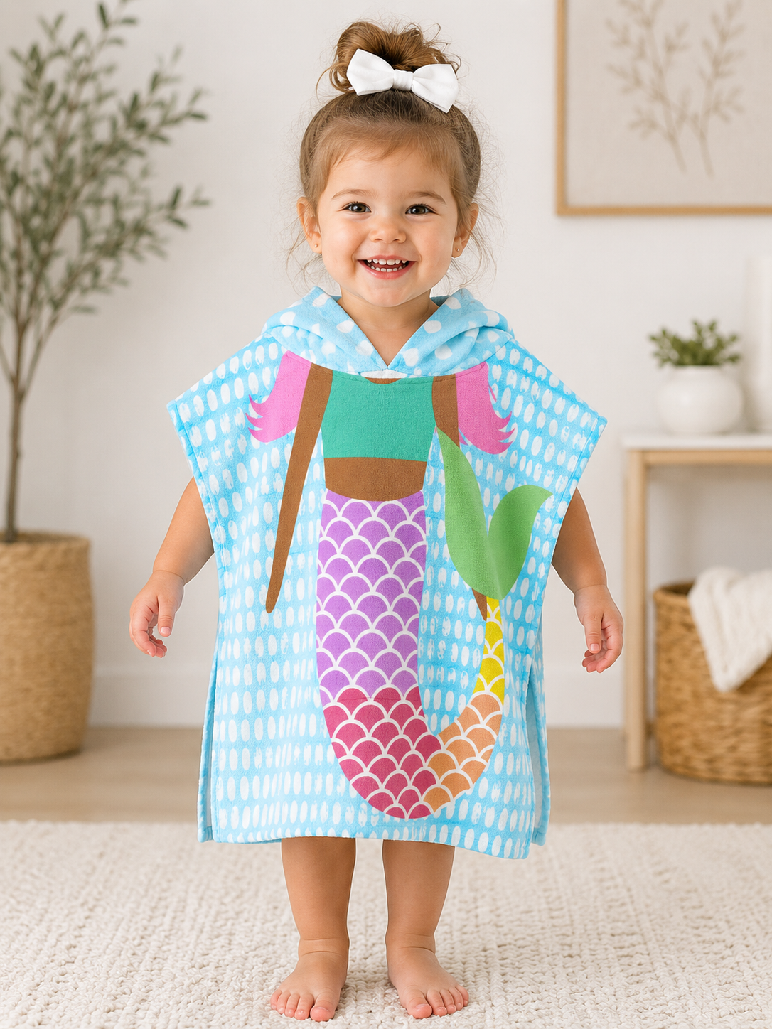 Girls Kids Hooded Beach Poncho Towel - Free Size