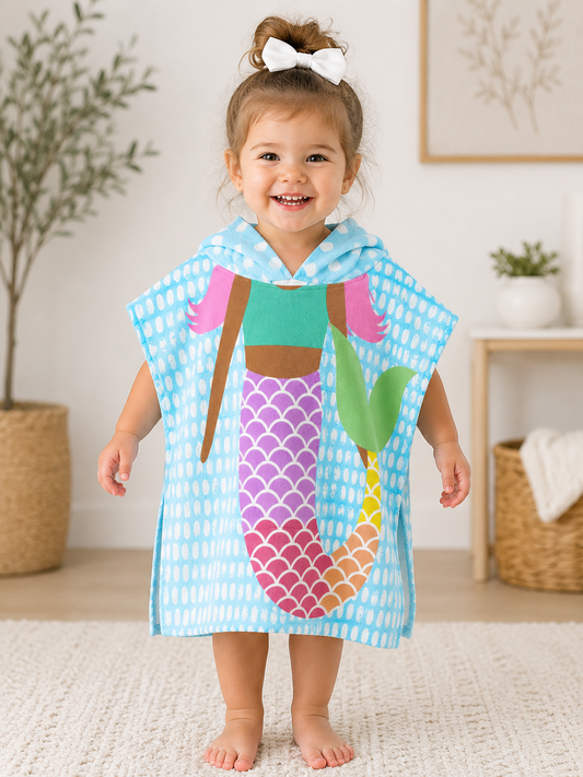 Girls Kids Hooded Beach Poncho Towel - Free Size